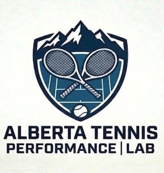 Alberta Tennis Performance Lab logo featuring crossed tennis rackets and ball within a shield with mountain peaks